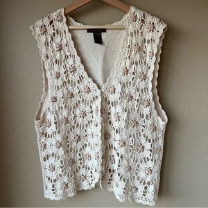Vintage Crochet Floral Knit Vest Women’s XL Cream Button Granny CottageCore